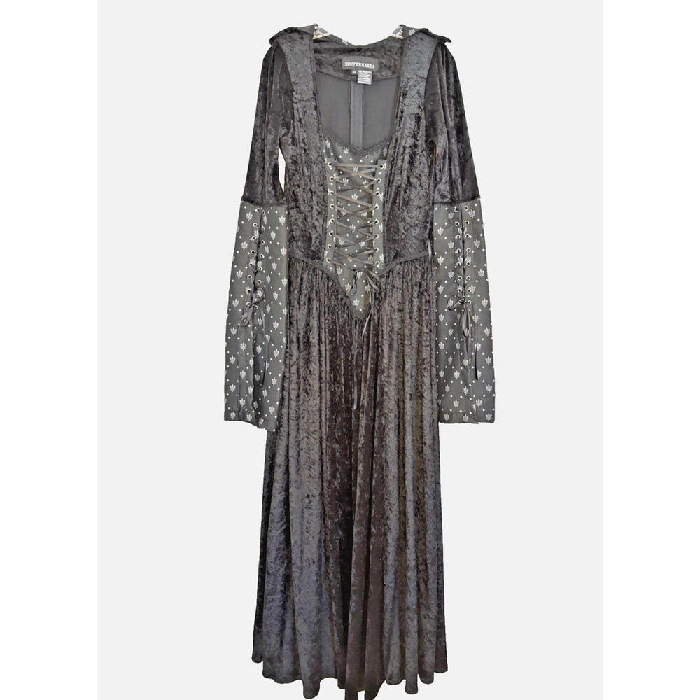 Subterranea Black Velvet Fleur De Lis Dress Gothic Renaissance Medieval Sz M EUC